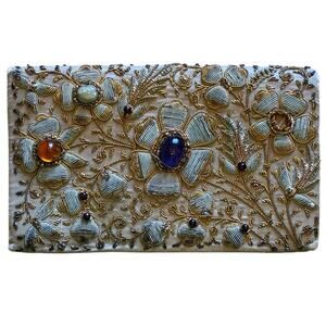 VTG Zardozi Clutch Purse 3D Gold Metallic Silk Embroidery Amethyst Amber Jewels